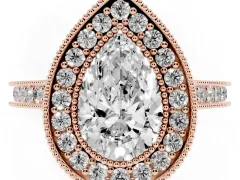 Pear Cut Diamond Halo Milgrain Pavé Band Ring Set in Rose gold with Prong Setting