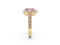 Fancy Pink Oval Cut Diamond Halo Pavé Engagement Ring Set in Yellow gold with Milgrain Detailing