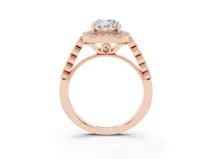 Cushion Cut Diamond Milgrain Halo Solitaire Ring Set in Rose gold with Bezel Set Side Stones and Pavé Band