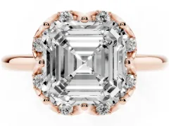 Asscher Cut Diamond Round Cluster Halo Ring Set in Rose gold with Solitaire Band and Prong Setting