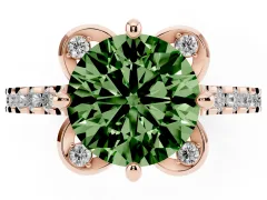 Fancy Green Round Cut Diamond Solitaire Ring Set in Rose gold with Pavé Band and Floral Prong Setting