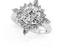 Round Cut Diamond Cluster Halo Ring Set in White gold with Marquise and Round Accents