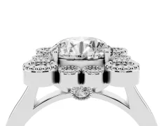 Round Cut Diamond Cluster Halo Ring Set in Platinum with Milgrain Bezel Accents and Plain Band
