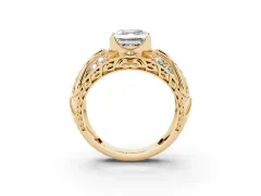 Asscher Cut Diamond Art Deco Ring Set in Yellow gold with Pavé Split Shank