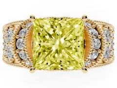 Fancy Yellow Princess Cut Diamond Milgrain Halo Pavé Engagement Ring Set in Yellow gold with Prong Setting
