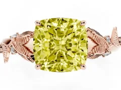 Fancy Yellow Cushion Cut Diamond Solitaire Ring Set in Rose gold with Leaf Motif Band