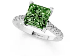 Fancy Green Princess Cut Diamond Solitaire Ring Set in White gold with Brilliant Pavé Band and Prong Setting
