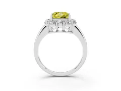 Fancy Yellow Princess Cut Diamond Milgrain Halo Solitaire Ring Set in White gold with Bezel Set Side Stones and Pavé Band