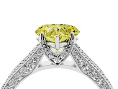 Fancy Yellow Heart Cut Diamond Solitaire Ring Set in White gold with Milgrain-Edged Pavé Band and Prong Setting