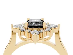 Fancy Black Emerald Cut Diamond Cluster Halo Ring Set in Yellow gold with Marquise and Round Accents