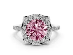 Fancy Pink Round Cut Diamond Halo Ring Set in Silver with Pavé-Lined Shoulders and Prong Setting