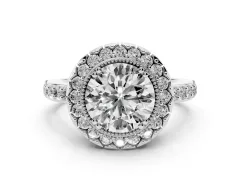 Round Cut Diamond Halo Ring Set in Silver with Pavé Shank and Prong Setting