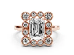 Emerald Cut Diamond Cluster Halo Ring Set in Rose gold with Milgrain Bezel Accents and Plain Band