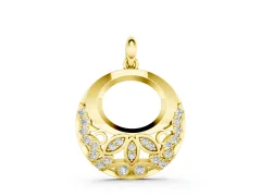 Round Diamond Leaf Filigree Pendant Set in Yellow gold with Pavé Setting
