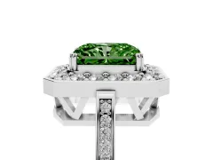 Fancy Green Radiant Cut Diamond Halo Ring Set in White gold with Accent-Lined Split Shank and Prong Setting