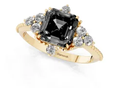 Fancy Black Asscher Cut Diamond Cluster Ring Set in Yellow gold with Beaded Band