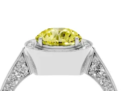 Fancy Yellow Round Cut Diamond Halo Engagement Ring Set in Platinum with Accent Split Shank Band