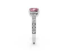 Fancy Pink Princess Cut Diamond Solitaire Ring Set in Platinum with Milgrain-Edged Pavé Band and Prong Setting