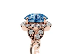 Fancy Blue Round Cut Diamond Halo Engagement Ring Set in Rose gold with Vintage-Inspired Band and Prong Setting