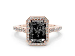 Fancy Black Radiant Cut Diamond Halo Engagement Ring Set in Rose gold with Round Pavé Shoulders and Heart Gallery