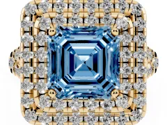 Fancy Blue Asscher Cut Diamond Double Halo Ring Set in Yellow gold with Pavé Split Shank and Prong Setting