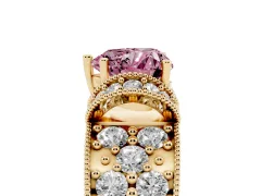 Fancy Pink Heart Cut Diamond Milgrain Halo Pavé Engagement Ring Set in Yellow gold with Prong Setting