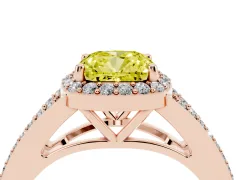 Fancy Yellow Cushion Cut Diamond Halo Split Shank Pavé Ring Set in Rose gold with Prong Setting