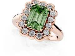 Fancy Green Emerald Cut Diamond Halo Cluster Engagement Ring Set in Rose gold with Solitaire Band and Prong Setting