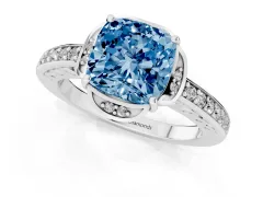 Fancy Blue Cushion Cut Diamond Halo Ring Set in Silver with Channel Set Band and Prong Setting