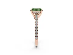 Fancy Green Emerald Cut Diamond Solitaire Ring Set in Rose gold with Brilliant Pavé Band and Prong Setting