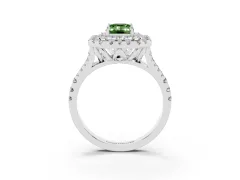 Fancy Green Emerald Cut Diamond Double Halo Ring Set in White gold with Pavé Split Shank and Prong Setting