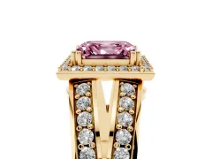 Fancy Pink Asscher Cut Diamond Halo Ring Set in Yellow gold with Double Pavé Split Shank