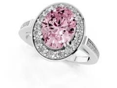 Fancy Pink Oval Cut Diamond Halo Ring Set in Silver with Accent-Lined Split Shank and Prong Setting