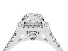 Cushion Cut Diamond Halo Engagement Ring Set in Silver with Pavé Band and Prong-Set Center