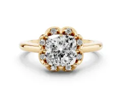 Cushion Cut Diamond Round Cluster Halo Ring Set in Yellow gold with Solitaire Band and Prong Setting