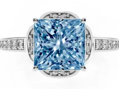 Fancy Blue Princess Cut Diamond Halo Ring Set in White gold with Channel Set Band and Prong Setting