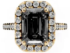 Fancy Black Emerald Cut Diamond Cushion Halo Ring Set in Yellow gold with Pavé Band