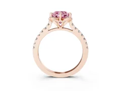 Fancy Pink Cushion Cut Diamond Solitaire Ring Set in Rose gold with Pavé Band and Floral Prong Setting