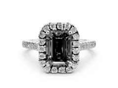 Fancy Black Emerald Cut Diamond Cushion Halo Ring Set in Platinum with Pavé Band