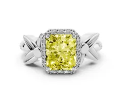 Fancy Yellow Radiant Cut Diamond Halo Floral Band Ring Set in Platinum with Prong Setting