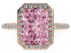 Fancy Pink Radiant Cut Diamond Halo Engagement Ring Set in Rose gold with Round Pavé Shoulders and Heart Gallery