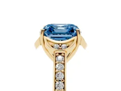 Fancy Blue Asscher Cut Diamond Halo Ring Set in Yellow gold with Channel Set Band and Prong Setting