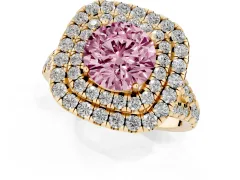 Fancy Pink Round Cut Diamond Double Halo Ring Set in Yellow gold with Pavé Split Shank and Prong Setting