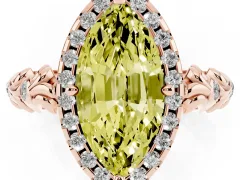 Fancy Yellow Marquise Cut Diamond Halo Ring Set in Rose gold with Filigree Leaf Band and Prong Setting