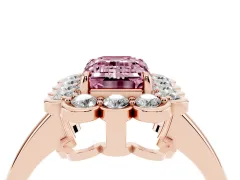 Fancy Pink Emerald Cut Diamond Halo Cluster Engagement Ring Set in Rose gold with Solitaire Band and Prong Setting