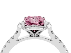 Fancy Pink Radiant Cut Diamond Solitaire Ring Set in White gold with Pavé Band and Floral Prong Setting