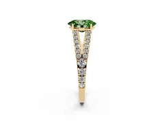 Fancy Green Oval Cut Diamond Split Shank Pavé Engagement Ring Set in Yellow gold with Prong-Held Center Stone