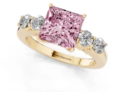 Fancy Pink Princess Cut Diamond Five-Stone Prong Set Band Ring Set in Yellow gold with Polished Band
