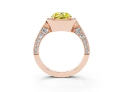 Fancy Yellow Round Cut Diamond Halo Engagement Ring Set in Rose gold with Accent Split Shank Band