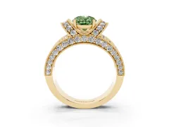 Fancy Green Oval Cut Diamond Milgrain Halo Pavé Engagement Ring Set in Yellow gold with Prong Setting